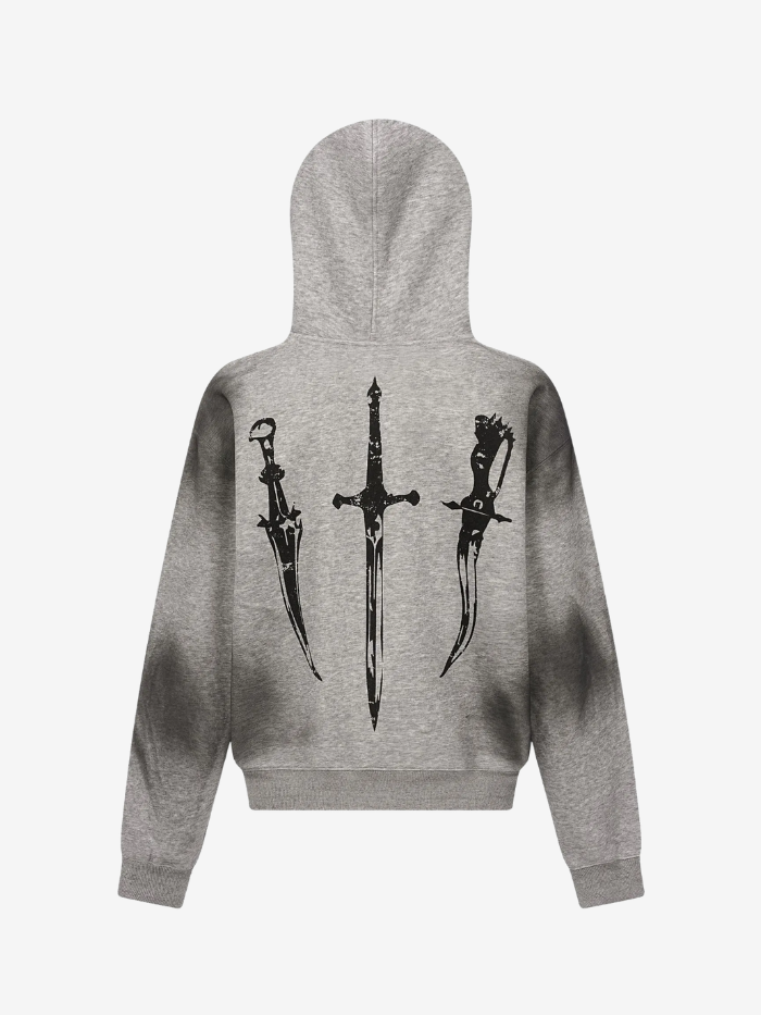 WASHED GRAPHIC FAUX FUR HOODED ZIP JACKET