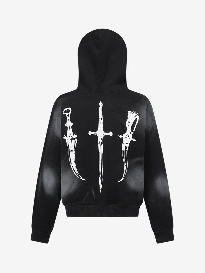 WASHED GRAPHIC FAUX FUR HOODED ZIP JACKET