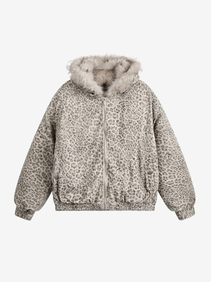 LEOPARD FAUX FUR HOODED JACKET