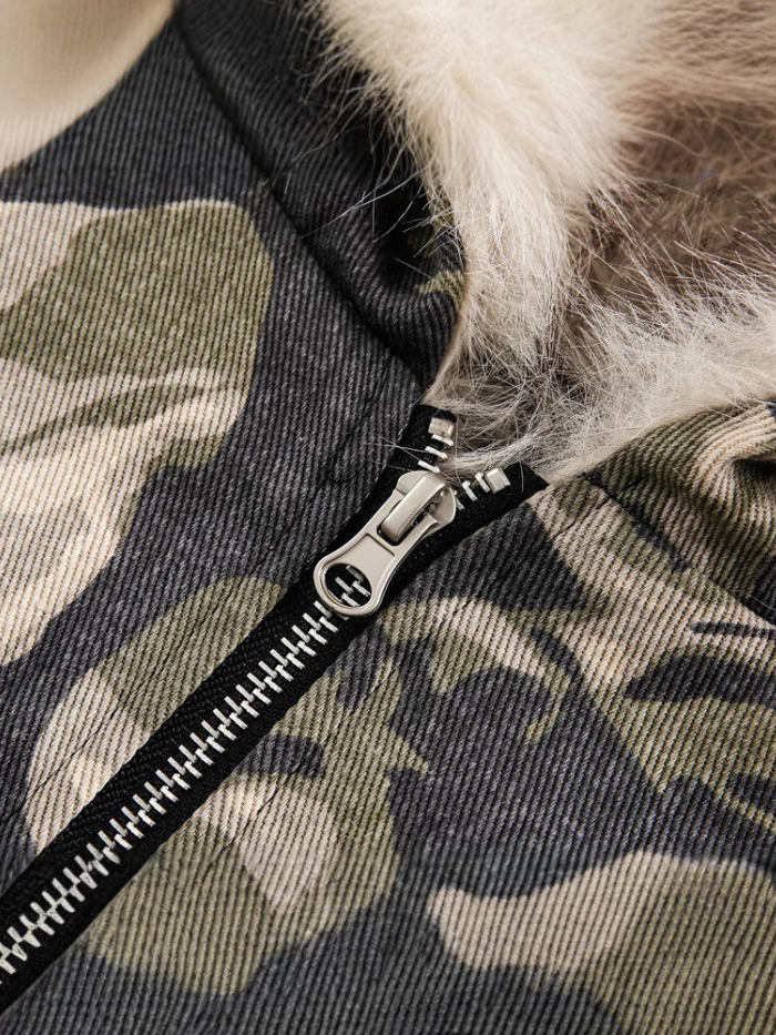WASHED CAMO FAUX FUR HOODED JACKET