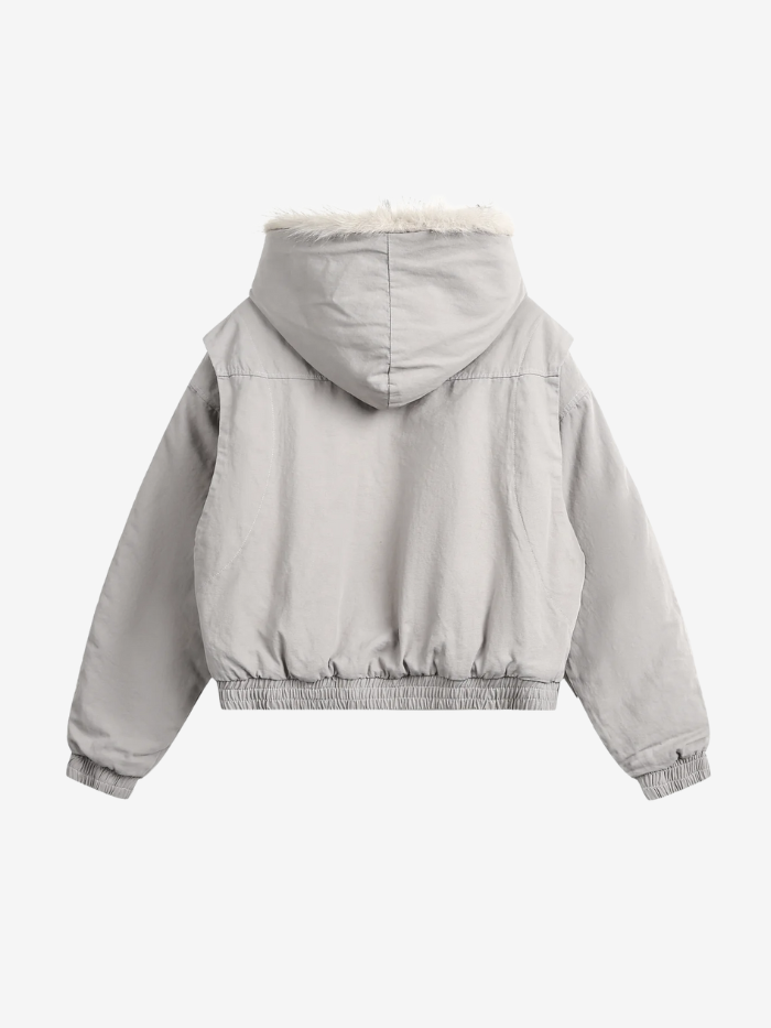 WASHED GRAY FAUX FUR HOODED JACKET