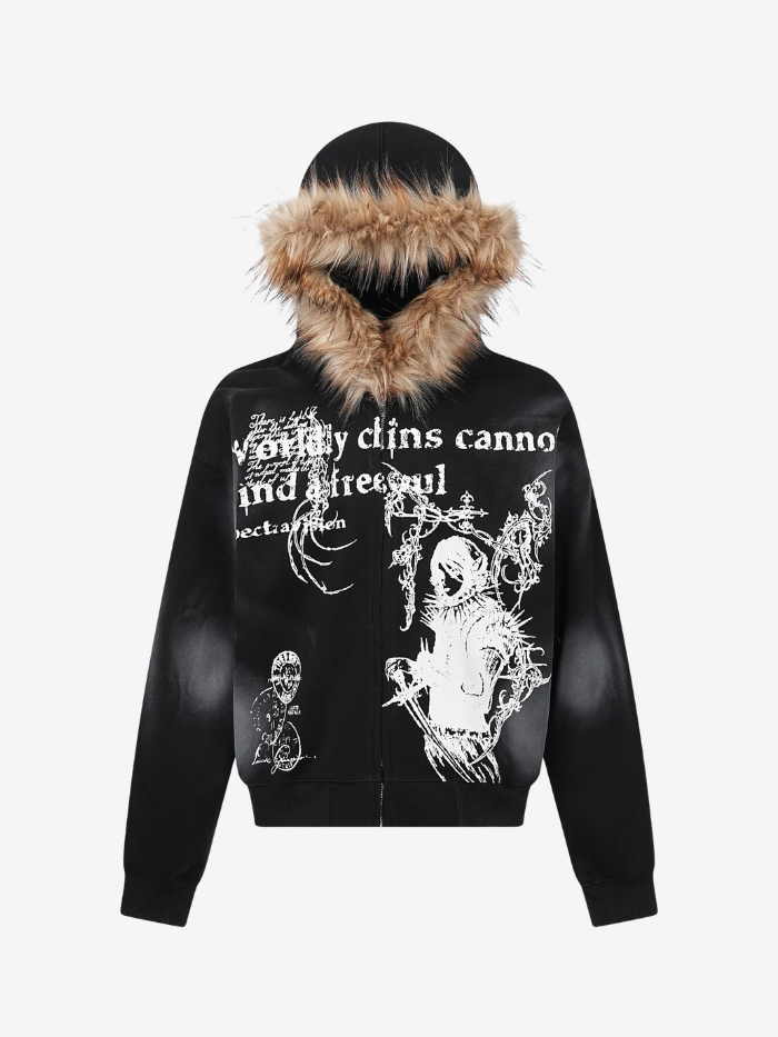 WASHED GRAPHIC FAUX FUR HOODED ZIP JACKET