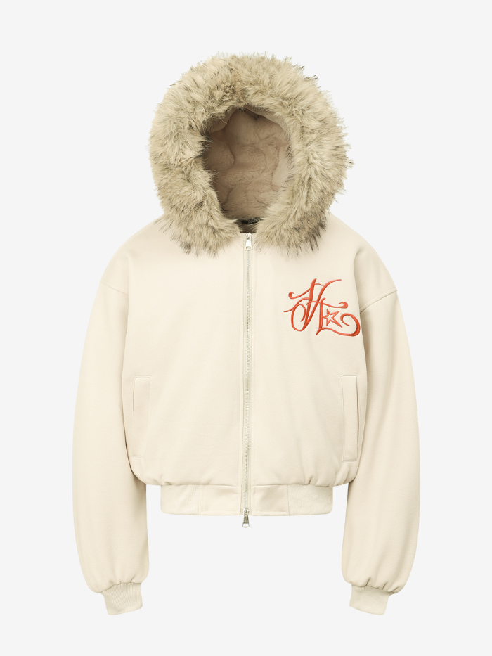 VINTAGE FAUX FUR HOODED EMBROIDERED JACKET