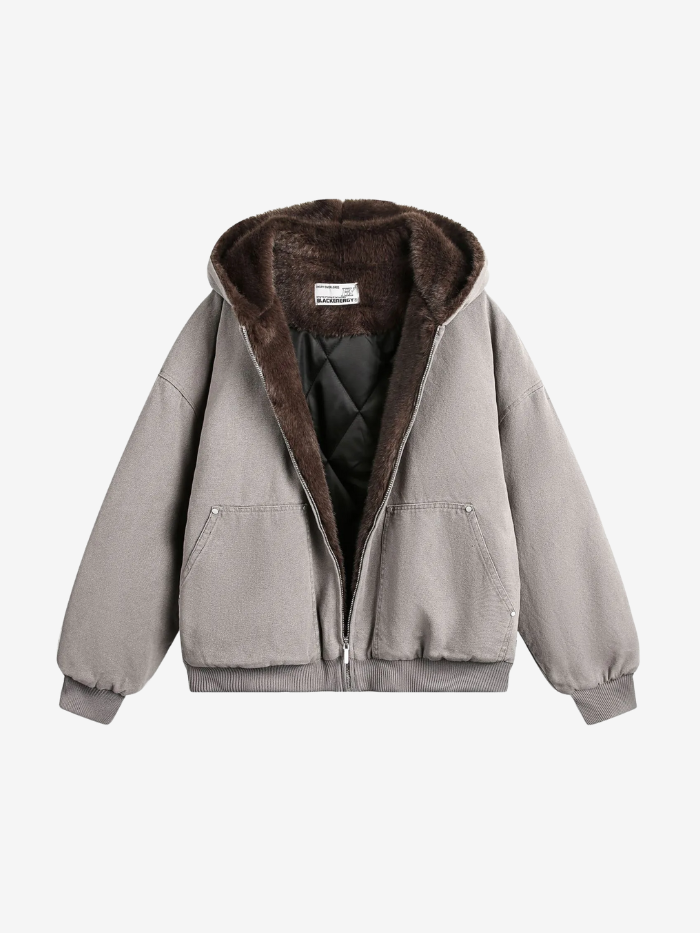 WASHED FAUX FUR ZIP-UP JACKET