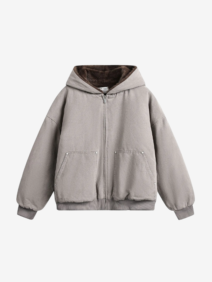 WASHED FAUX FUR ZIP-UP JACKET