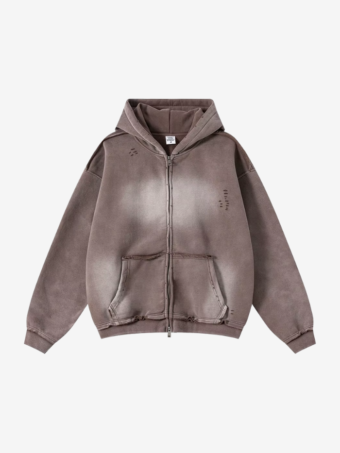 VINTAGE WASHED DISTRESSED ZIP-UP HOODIE