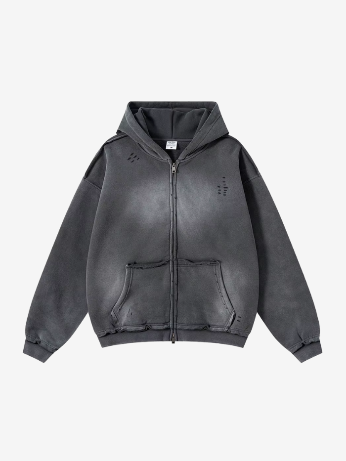 VINTAGE WASHED DISTRESSED ZIP-UP HOODIE