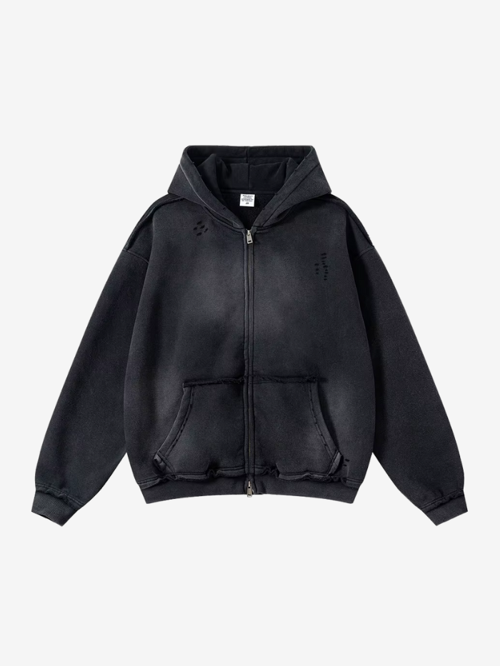 VINTAGE WASHED DISTRESSED ZIP-UP HOODIE