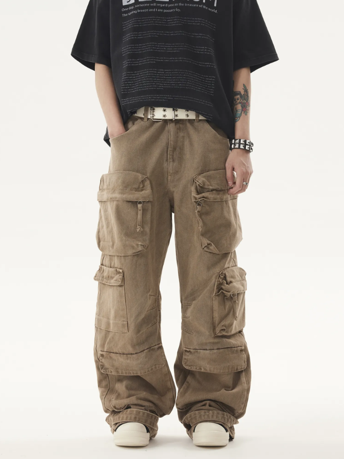 WASHED MULTI-POCKET LOOSE CARGO PANTS