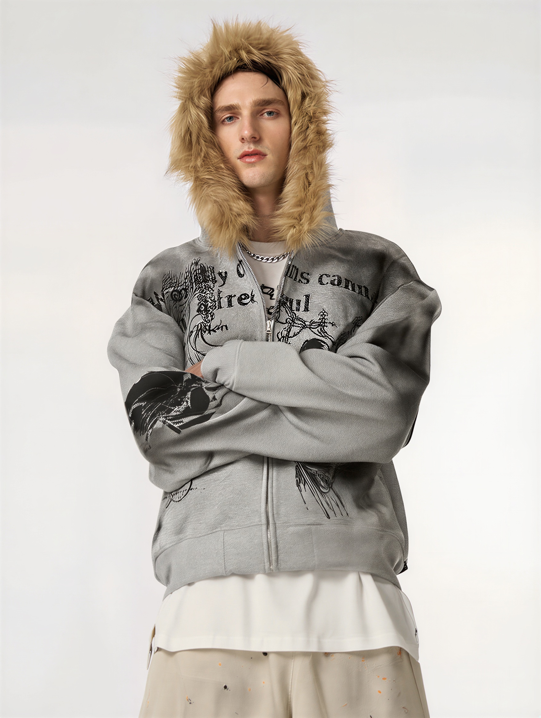 WASHED GRAPHIC FAUX FUR HOODED ZIP JACKET