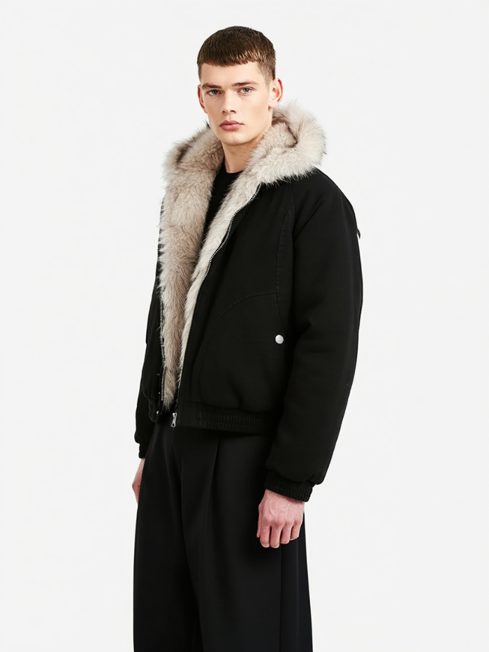 WASHED GRAY FAUX FUR HOODED JACKET