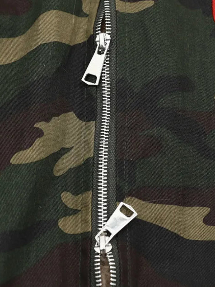 CAMO FAUX FUR HOODED EMBROIDERED JACKET