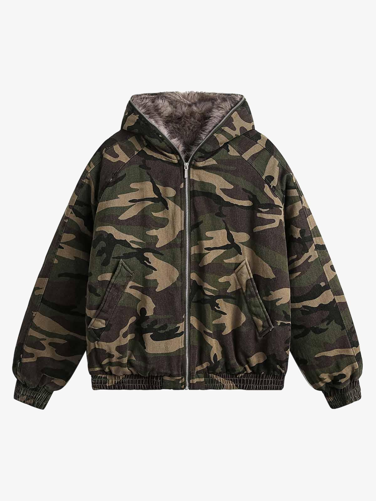 CAMOUFLAGE FAUX FUR ZIP UP JACKET