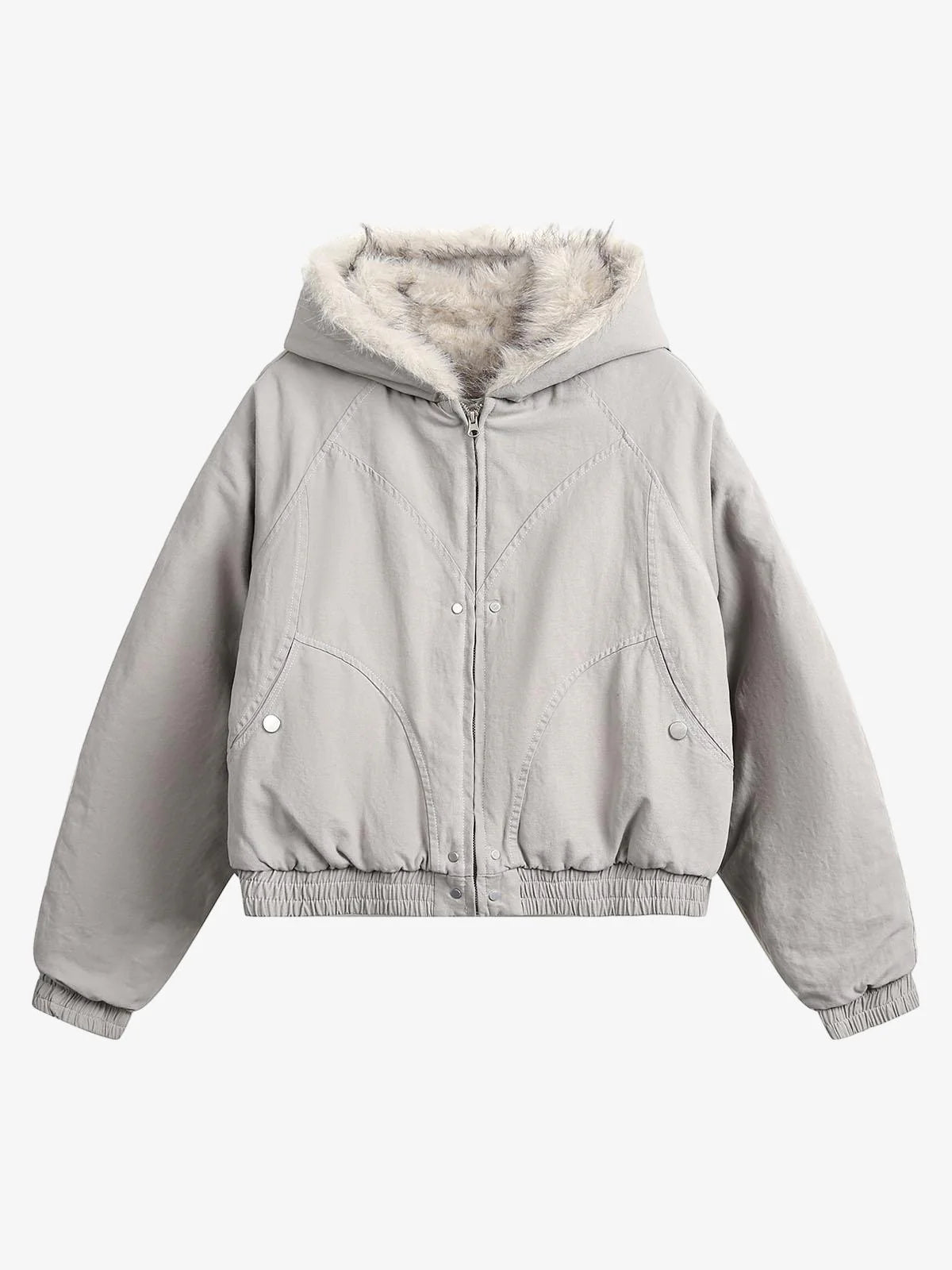 WASHED GRAY FAUX FUR HOODED JACKET