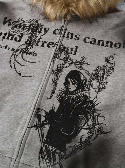 WASHED GRAPHIC FAUX FUR HOODED ZIP JACKET