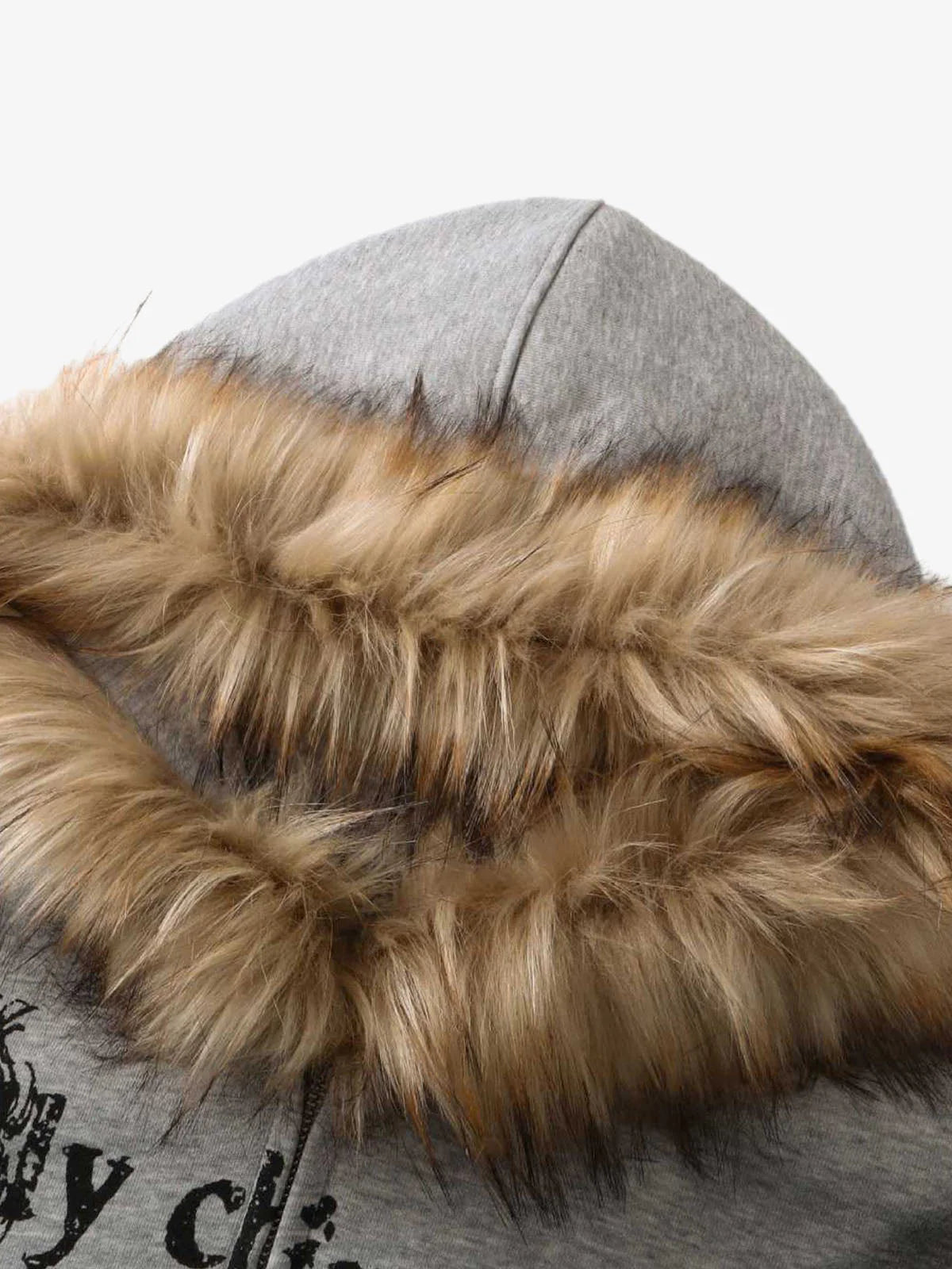 WASHED GRAPHIC FAUX FUR HOODED ZIP JACKET